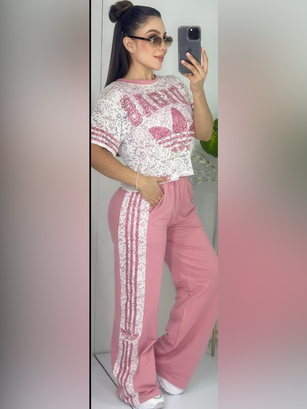 Pink Lace-Trim Wide-Leg Pants M/L